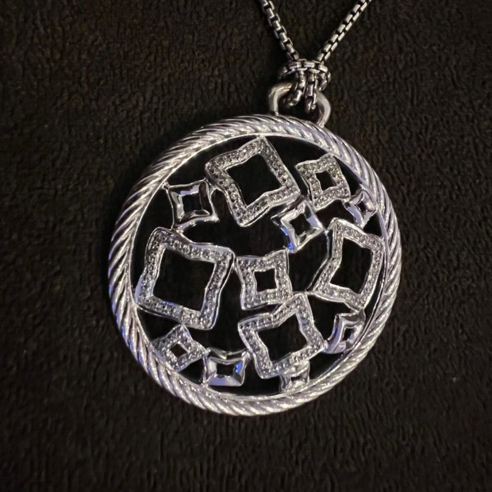 Vintage DAVID YURMAN Diamonds Round Pendant NECKLACE 18" Sterling Silver